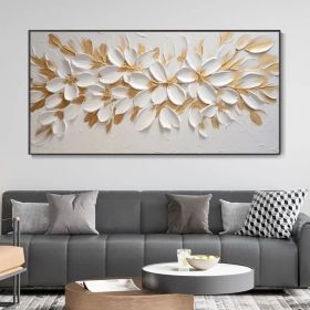 Handmade Oil Painting Gold Foil Flower Knife Canvas Painting Abstract Blooming White Floral Modern Light Luxury Texture Art Premium Home Wall Decor Mi (Style: 01, size: 80x160cm)