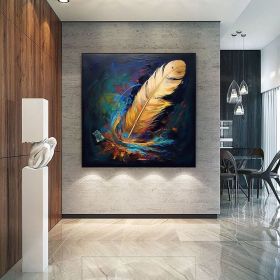 Handmade Oil Painting Original Abstract Feather Oil Painting on Canvas Large Wall Art Golden Texture Painting Minimalist Art Custom Living Room Decor (Style: 01, size: 90x90cm)