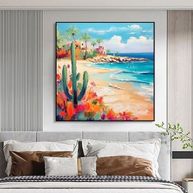 Hand Painted Oil Painting Tropical Seascape Oil Painting on Canvas Original Custom Cactus Home Decor Abstract Beach Painting Living room Wall Decor La (Style: 01, size: 120x120cm)