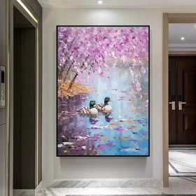 Hand Painted Oil Painting Seaonal Landscape Painting Spring Ducks Floral Painting Oversized Abstract Wall Art Living Room Wall Abstract Art Textured C (Style: 01, size: 50x70cm)