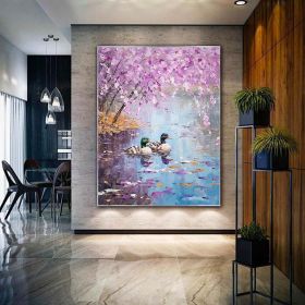 Hand Painted Oil Painting Seaonal Landscape Painting Spring Ducks Floral Painting Oversized Abstract Wall Art Living Room Wall Abstract Art Textured C (Style: 01, size: 60x90cm)