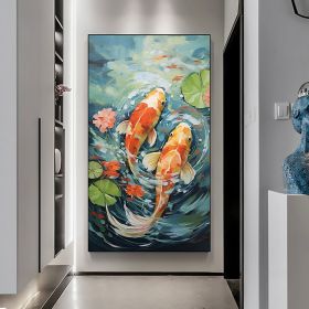 Hand Painted Oil Painting Original Carp Oil Painting on Canvas Large Wall Art Abstract Pond Scenery Wall Art Decor Modern Lotus Painting Living room W (Style: 01, size: 75x150cm)