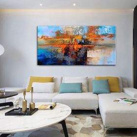 Oil Painting 100% Handmade Hand Painted Wall Art On Canvas Orange Blue Horizontal Abstract Modern Home Decoration Decor Rolled Canvas No Frame Unstret (Style: 01, size: 70x140cm)