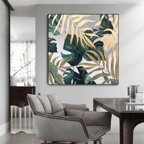 Handmade Oil Painting Gold Foil Oil Painting on Canvas Large Abstract Original Gold Leaf Green Plant Acrylic Oil Painting Modern Luxury Living Room Wa (Style: 01, size: 150x150cm)