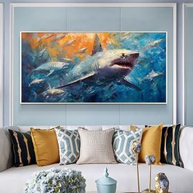 Hand Painted Oil Painting Large Abstract Shark Oil Painting on Canvas Original Fish School Painting Ocean Art Decor Living room Wall Decor Modern Blue (Style: 01, size: 150x220cm)