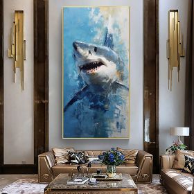 Hand Painted Oil Painting Original Shark Oil Painting on Canvas Custom Animal Painting Large Modern Wall Art Abstract Blue Ocean Art Decor Living room (Style: 01, size: 50x100cm)