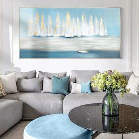 Natural home decor Original Oil Painting on Canvas Abstract Art Water sailboat painting sky blue Nature gold art Living Room Painting (Style: 01, size: 60x120cm)