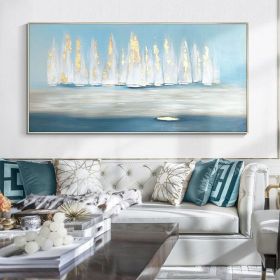 Natural home decor Original Oil Painting on Canvas Abstract Art Water sailboat painting sky blue Nature gold art Living Room Painting (Style: 01, size: 70x140cm)