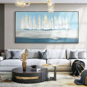 Natural home decor Original Oil Painting on Canvas Abstract Art Water sailboat painting sky blue Nature gold art Living Room Painting (Style: 01, size: 100x200cm)