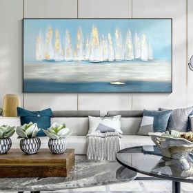 Natural home decor Original Oil Painting on Canvas Abstract Art Water sailboat painting sky blue Nature gold art Living Room Painting (Style: 01, size: 80x160cm)