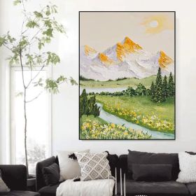 River Landscape Painting Original Oil White Mountain Scenery Art Work Yellow Flower Wall Art Green Blue Painting Living Room Wall Art (Style: 01, size: 60x90cm)