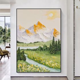 River Landscape Painting Original Oil White Mountain Scenery Art Work Yellow Flower Wall Art Green Blue Painting Living Room Wall Art (Style: 01, size: 140x210cm)
