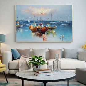 Harbored Boats - Hand Painted Modern Impressionist Seascape Seagull Oil Painting On Canvas (Style: 01, size: 70x100cm)
