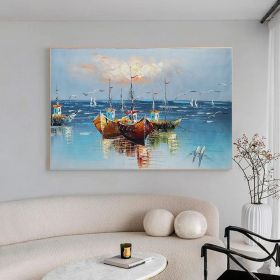 Harbored Boats - Hand Painted Modern Impressionist Seascape Seagull Oil Painting On Canvas (Style: 01, size: 90x130cm)