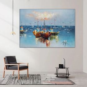 Harbored Boats - Hand Painted Modern Impressionist Seascape Seagull Oil Painting On Canvas (Style: 01, size: 50x70cm)