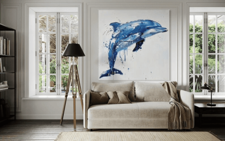 Blue Dolphin with White Background Oil Painting Square Acrylic Wall Art Handmade Painting on Canvas Modern Oversize Personalized Artwork (Style: 01, size: 50x50cm)