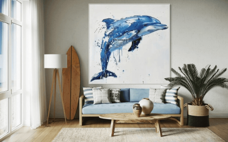 Blue Dolphin with White Background Oil Painting Square Acrylic Wall Art Handmade Painting on Canvas Modern Oversize Personalized Artwork (Style: 01, size: 100x100cm)