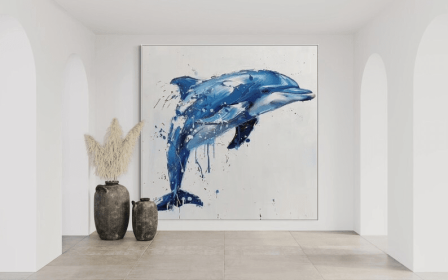 Blue Dolphin with White Background Oil Painting Square Acrylic Wall Art Handmade Painting on Canvas Modern Oversize Personalized Artwork (Style: 01, size: 120x120cm)