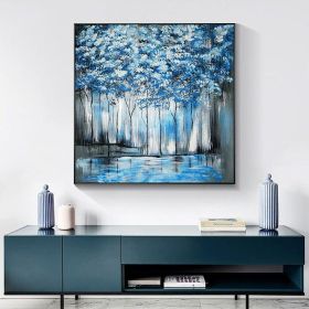 Pure Hand Painted Oil Painting Blue Forest Nordic Abstract On Canvas Wall Art Decorative Trees Painting Living Room Porch Canvas Art Atmospheric Mural (Style: 01, size: 60x60cm)