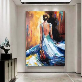 Hand Painted Elegant Woman Back Oil Painting Silhouette Art With Background Violinist Gift Original Women Figure Oil Painting Modern Wall Art Music Gi (Style: 01, size: 90x130cm)