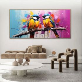 Hand Painted Oil Painting Large Canvas Two Birds On A Branch On Canvas Colorful Wall Art Pictures Animals Art  Posters Trendy Wall Art For Living Room (Style: 01, size: 60x120cm)