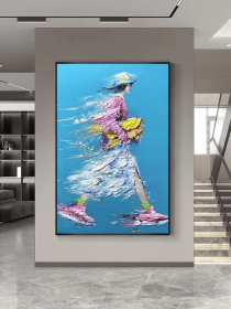 Large Vertical Woman on Blue Painting Abstract Modern Style Artwork Colorful Thick Textured 3D Painting Hand-Painted Original Artwork (Style: 01, size: 90x130cm)