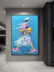 Large Vertical Woman on Blue Painting Abstract Modern Style Artwork Colorful Thick Textured 3D Painting Hand-Painted Original Artwork (Style: 01, size: 100x150cm)
