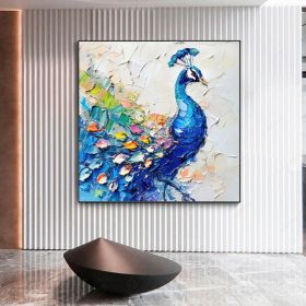 Hand Painted Peacock Oil Painting Bird Original Art Rustic Animals Impasto Artwork Textured Wall Art Decor For Home Spring Gifts Colorful Painting Wal (Style: 01, size: 120x120cm)