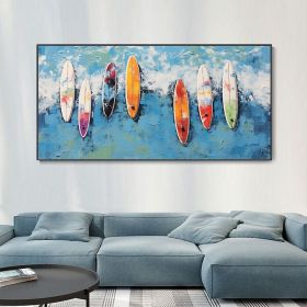 Handmade Oil Painting Custom Colored Surfboard Original Summer Surfing Swimming Party Abstract Blue Ocean Seascape Canvas Wall Art Home Decor Gift (Style: 01, size: 70x140cm)