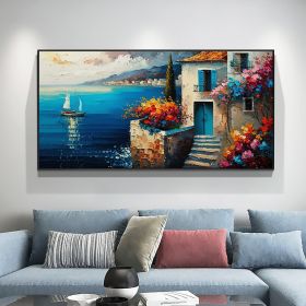 Hand Painted Original Seaside Mediterranean Oil Painting On Canvas Large Wall Art Abstract Blue Seascape Art Custom Painting Living Room Home Decor (Style: 01, size: 100x200cm)