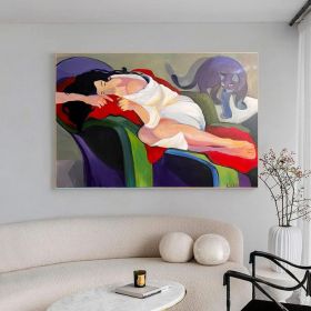 Large Abstract Woman and Cat Canvas Art Hand-painted Figure Oil Painting on Canvas Modern Minimalist Wall Art for Living Room Home Décor (Style: 01, size: 60x90cm)