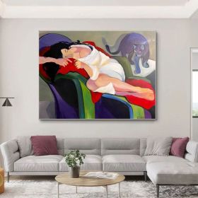 Large Abstract Woman and Cat Canvas Art Hand-painted Figure Oil Painting on Canvas Modern Minimalist Wall Art for Living Room Home Décor (Style: 01, size: 90x130cm)